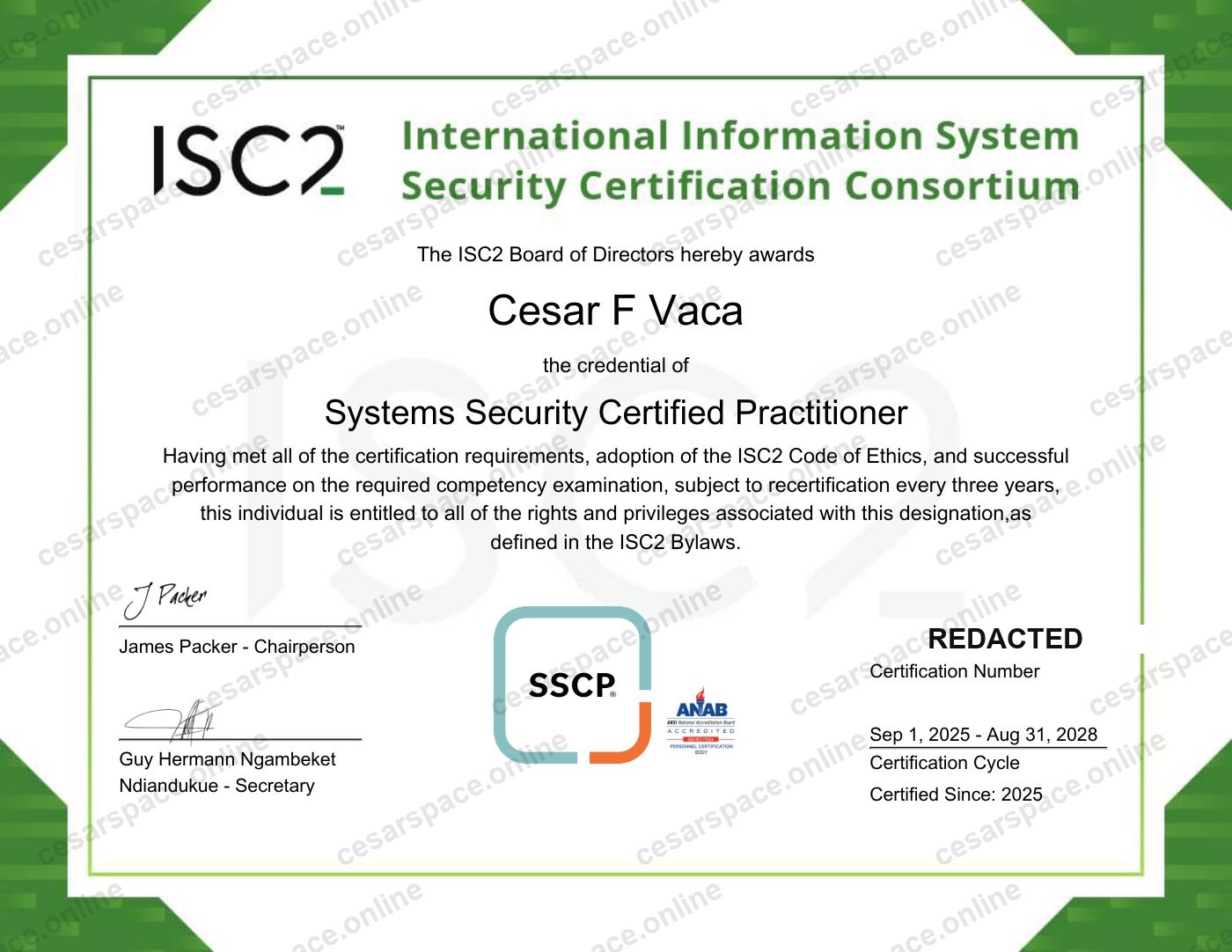 (ISC)&sup2; SSCP certificate